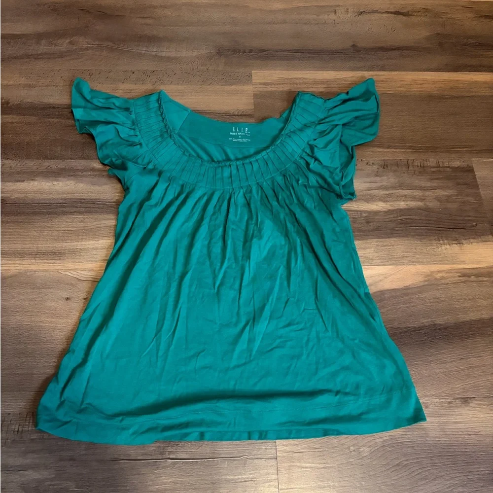 ELLE Teal Ruffled Sleeve Scoop Neck Blouse - Picture 1 of 6
